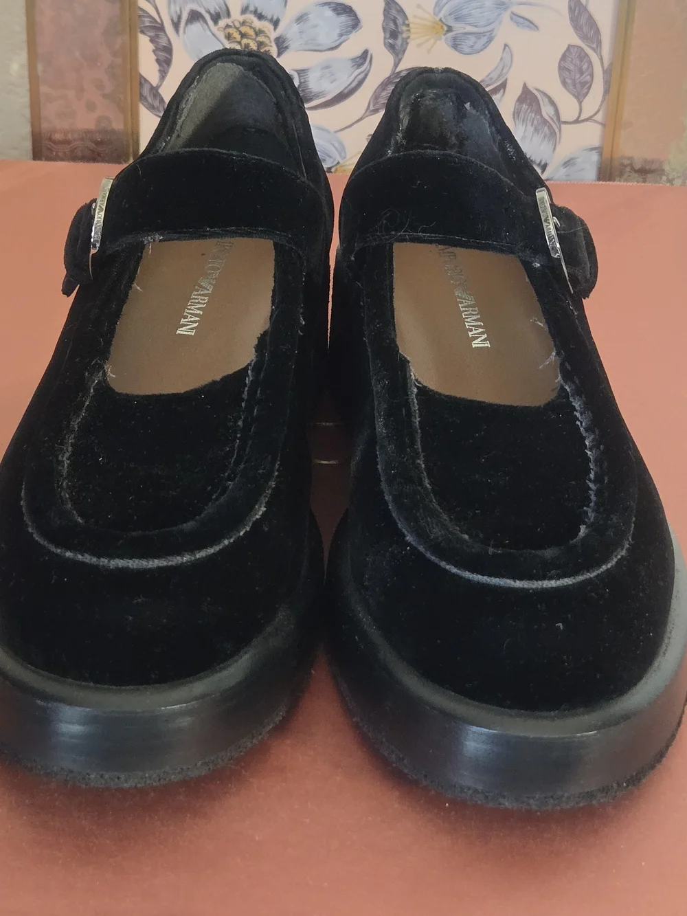 Emporio Armani Black Velvet Mary Jane Loafers with Silver Buckle